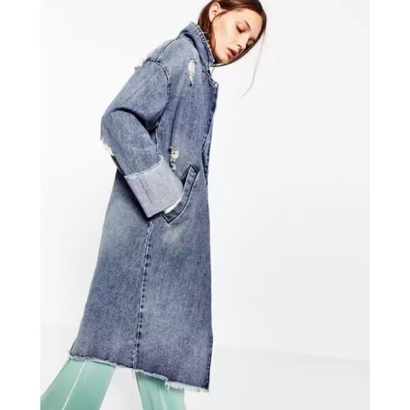 Zara Trench Coat Blue Distressed Denim Button Snap Fray Jacket - Picture 2 of 14